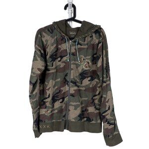 Vanity Camo Jacket L Womens Green Hoodie Full Zip Embroidered Stitching Cotton